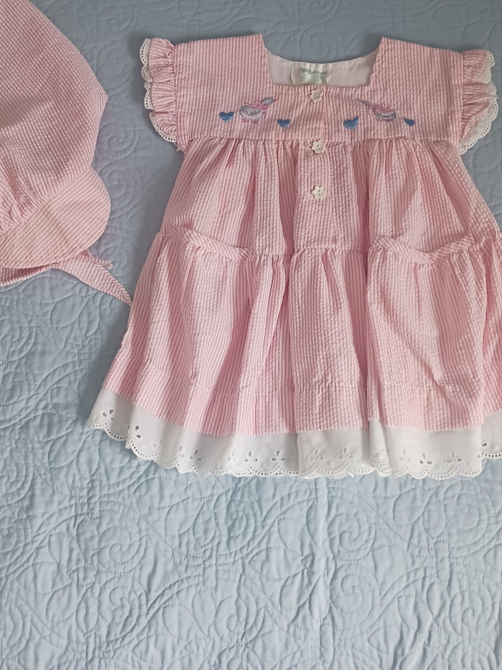 Vintage Pink Seersucker Girls' Dress with Eyelet Trim